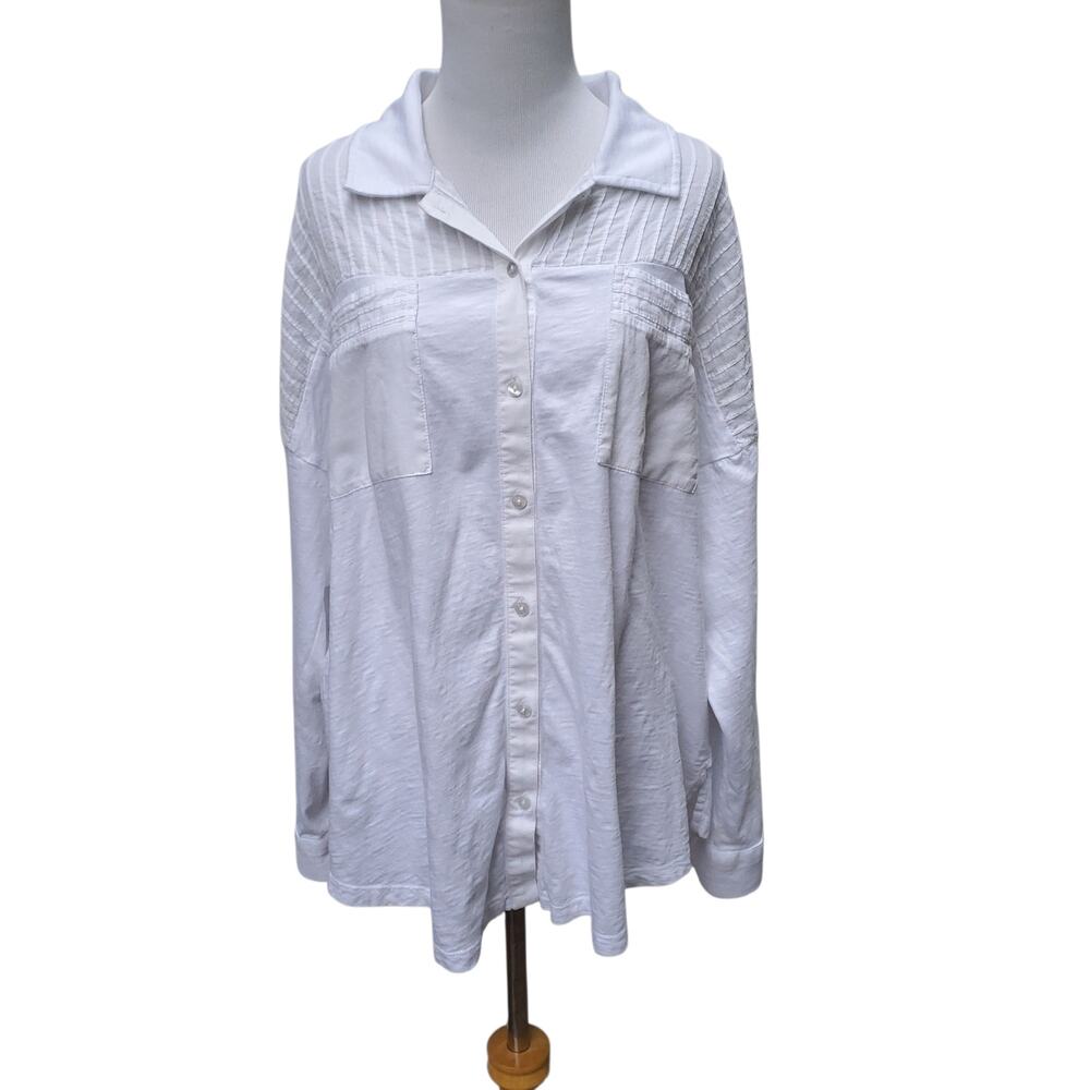 Soft Surroundings White Cotton Slub Button Down Long Sleeve Top Blouse  1X Plus